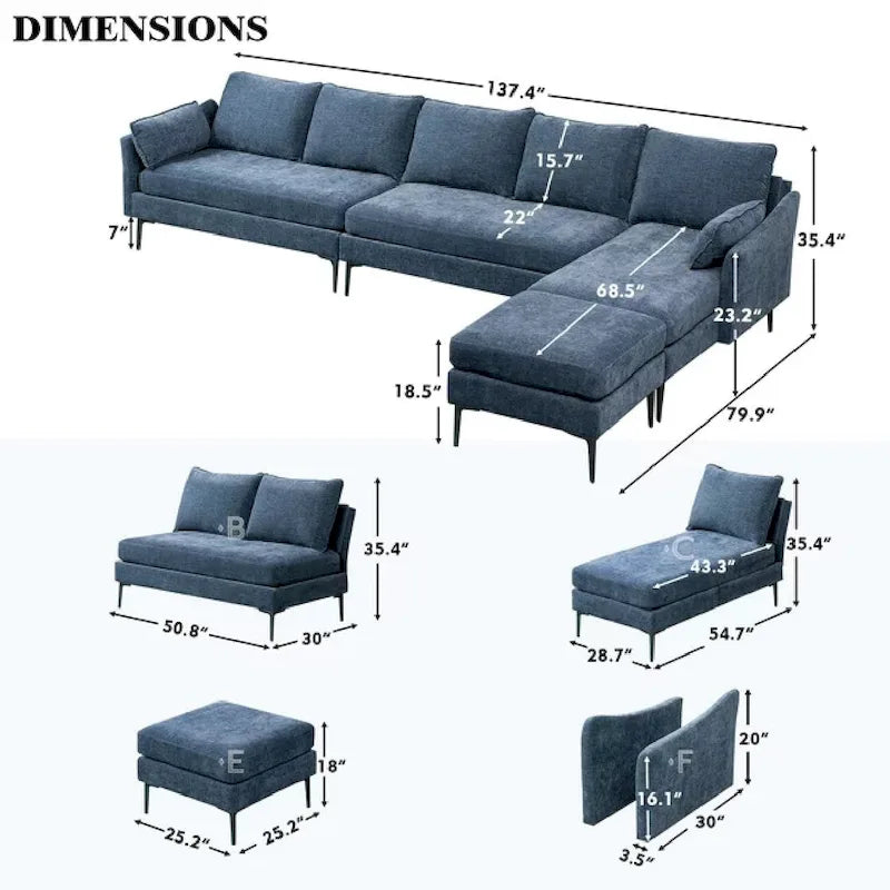 Sofá seccional en forma de U de 6 plazas, sofá cama reversible en diseño moderno de chenilla, con chaise longue y otomana