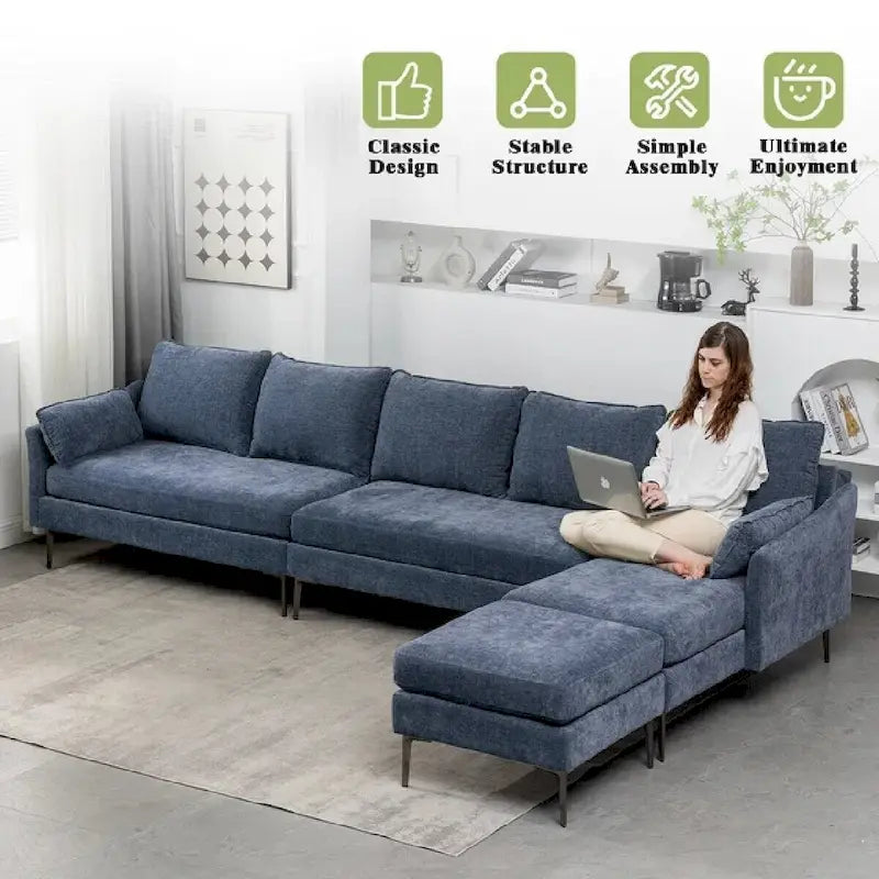 Sofá seccional en forma de U de 6 plazas, sofá cama reversible en diseño moderno de chenilla, con chaise longue y otomana