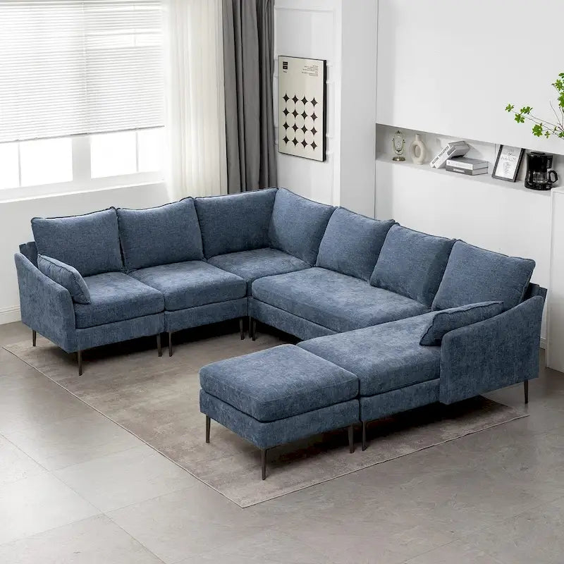 Sofá seccional en forma de U de 6 plazas, sofá cama reversible en diseño moderno de chenilla, con chaise longue y otomana