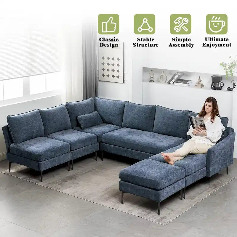 Sofá seccional en forma de U de 6 plazas, sofá cama reversible en diseño moderno de chenilla, con chaise longue y otomana