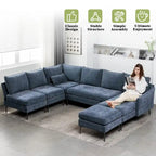 Sofá seccional en forma de U de 6 plazas, sofá cama reversible en diseño moderno de chenilla, con chaise longue y otomana