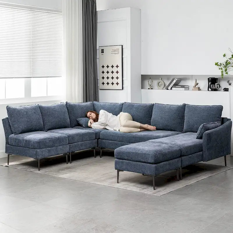 Sofá seccional en forma de U de 6 plazas, sofá cama reversible en diseño moderno de chenilla, con chaise longue y otomana