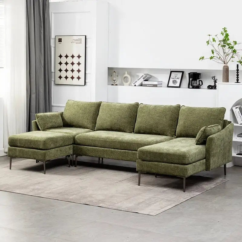 Sofá seccional en forma de U de 6 plazas, sofá cama reversible en diseño moderno de chenilla, con chaise longue y otomana