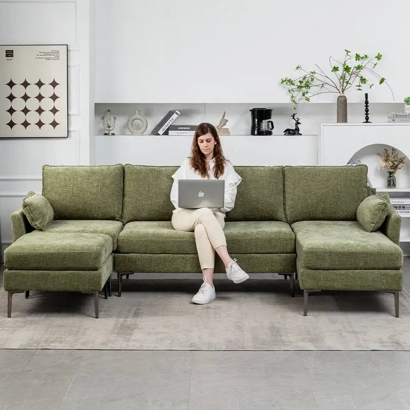 Sofá seccional en forma de U de 6 plazas, sofá cama reversible en diseño moderno de chenilla, con chaise longue y otomana
