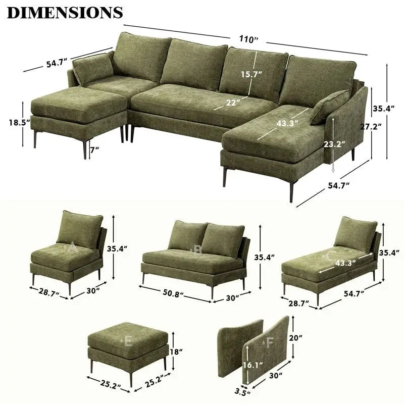 Sofá seccional en forma de U de 6 plazas, sofá cama reversible en diseño moderno de chenilla, con chaise longue y otomana