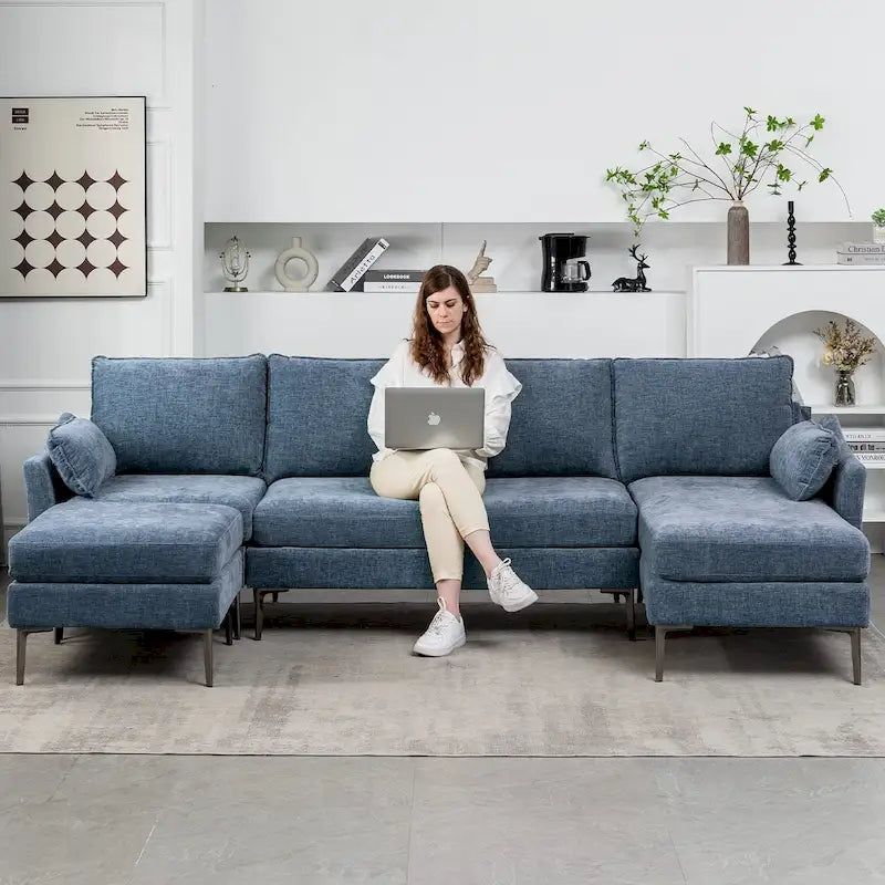 Sofá seccional en forma de U de 6 plazas, sofá cama reversible en diseño moderno de chenilla, con chaise longue y otomana