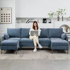 Sofá seccional en forma de U de 6 plazas, sofá cama reversible en diseño moderno de chenilla, con chaise longue y otomana