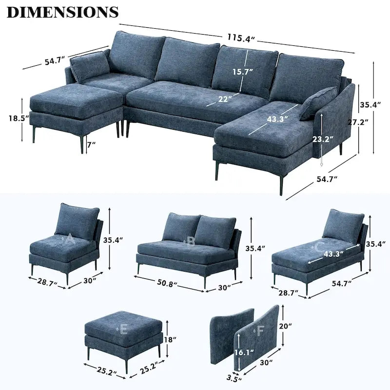 Sofá seccional en forma de U de 6 plazas, sofá cama reversible en diseño moderno de chenilla, con chaise longue y otomana