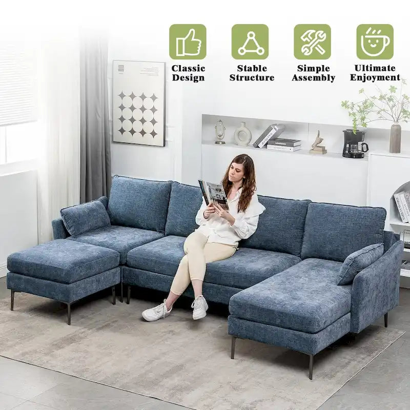 Sofá seccional en forma de U de 6 plazas, sofá cama reversible en diseño moderno de chenilla, con chaise longue y otomana