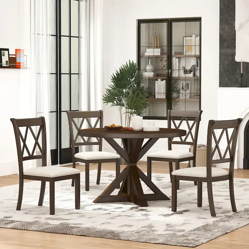 Mesa de comedor de madera de 5 piezas con respaldo en cruz