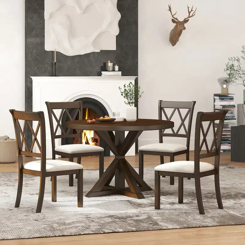 Mesa de comedor de madera de 5 piezas con respaldo en cruz