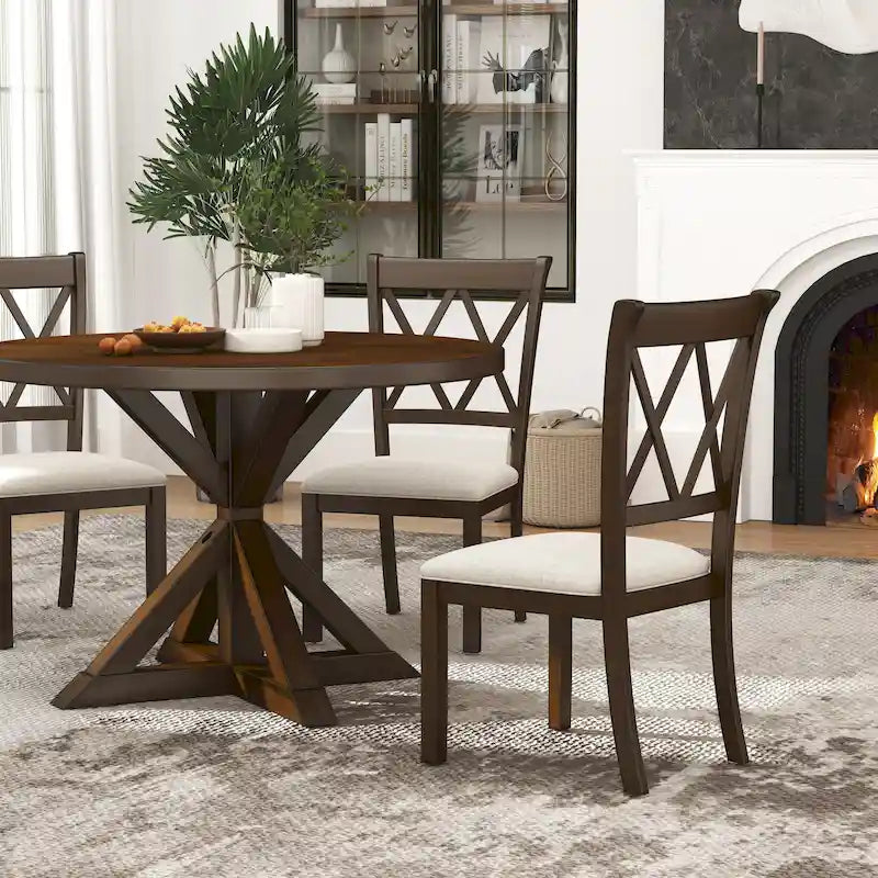 Mesa de comedor de madera de 5 piezas con respaldo en cruz