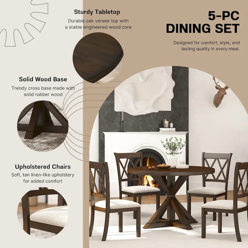 Mesa de comedor de madera de 5 piezas con respaldo en cruz