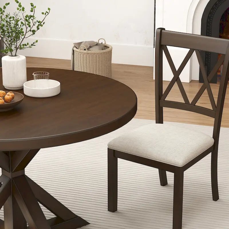 Mesa de comedor de madera de 5 piezas con respaldo en cruz