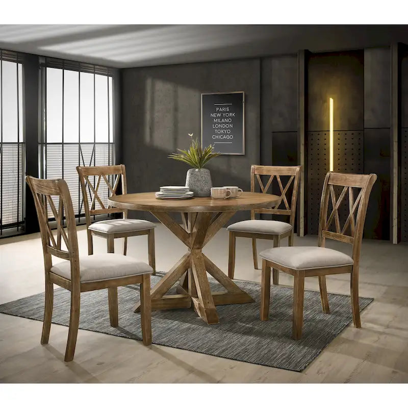 Mesa de comedor de madera de 5 piezas con respaldo en cruz
