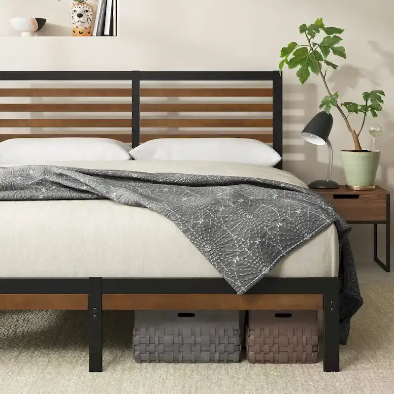Estructura de cama con plataforma de bambú marrón y metal
