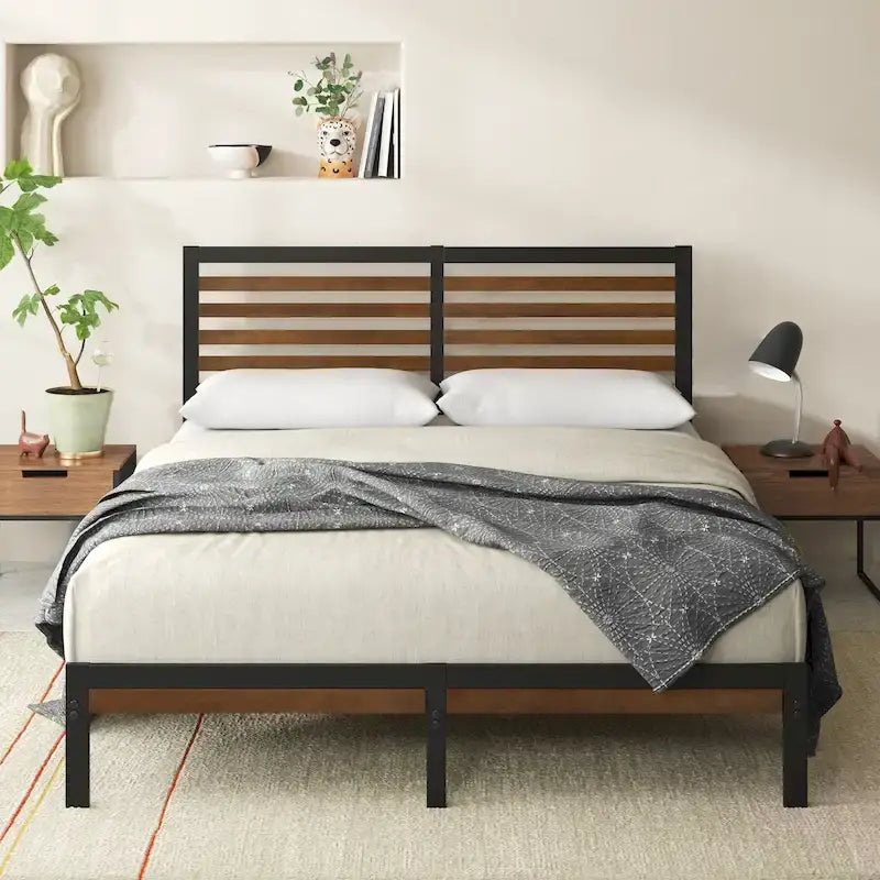 Estructura de cama con plataforma de bambú marrón y metal
