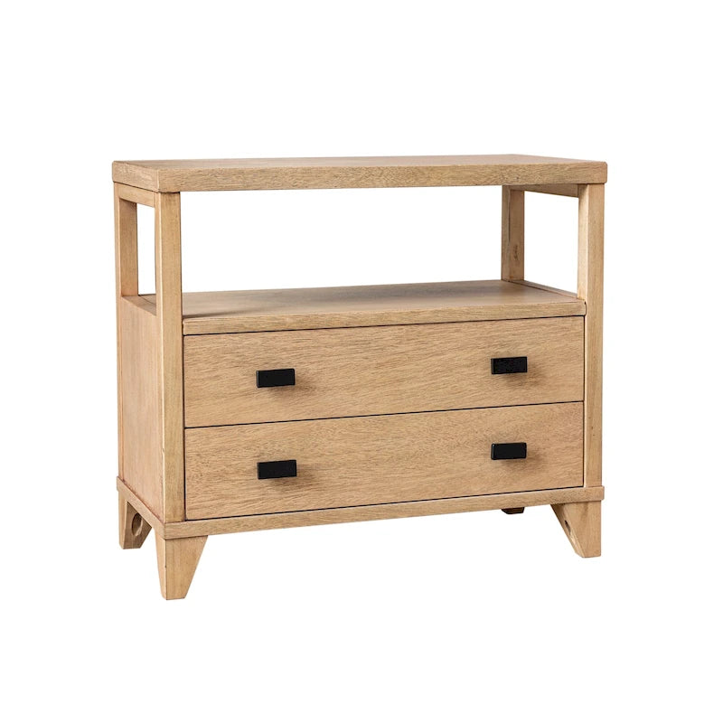 Mesita de noche de madera artesanal con 2 cajones y estante abierto