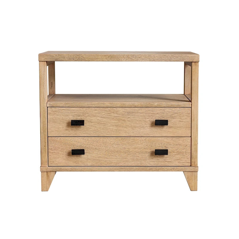 Mesita de noche de madera artesanal con 2 cajones y estante abierto