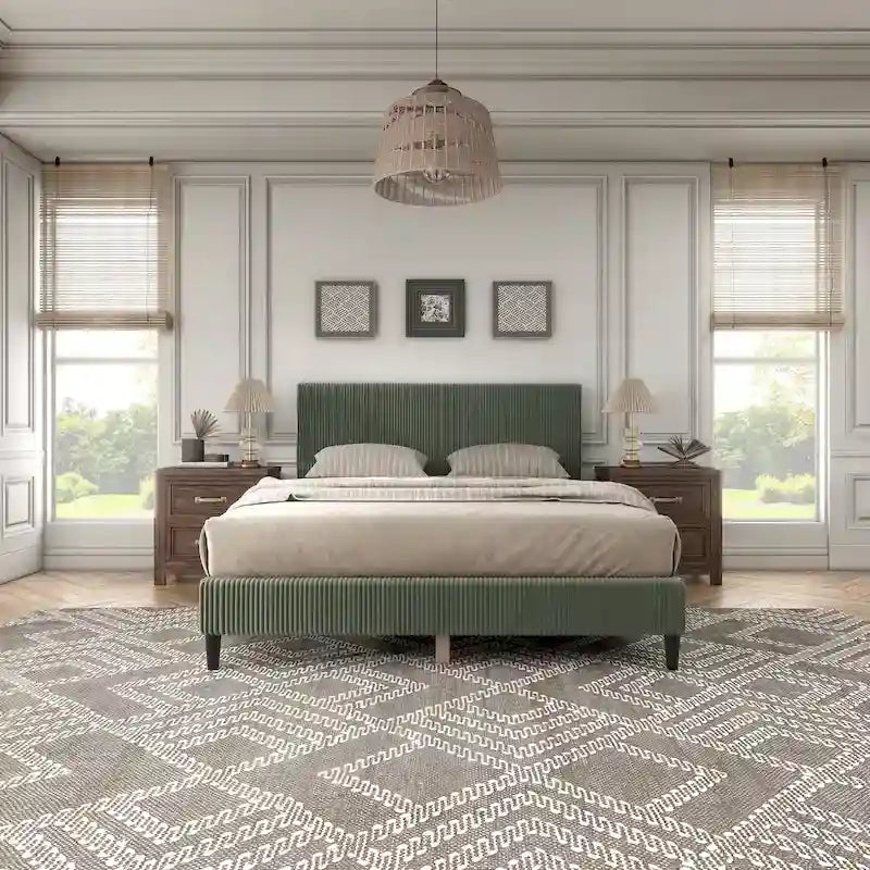 Cama de plataforma moderna tamaño Queen de pana, no necesita somier