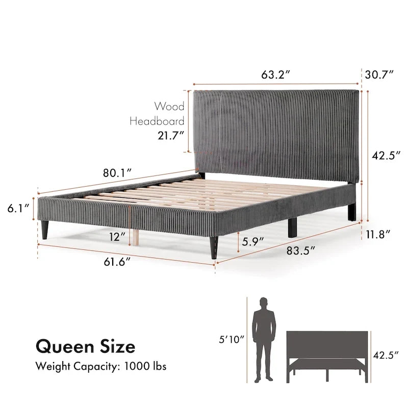 Cama de plataforma moderna tamaño Queen de pana, no necesita somier