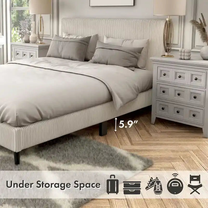 Cama de plataforma moderna tamaño Queen de pana, no necesita somier