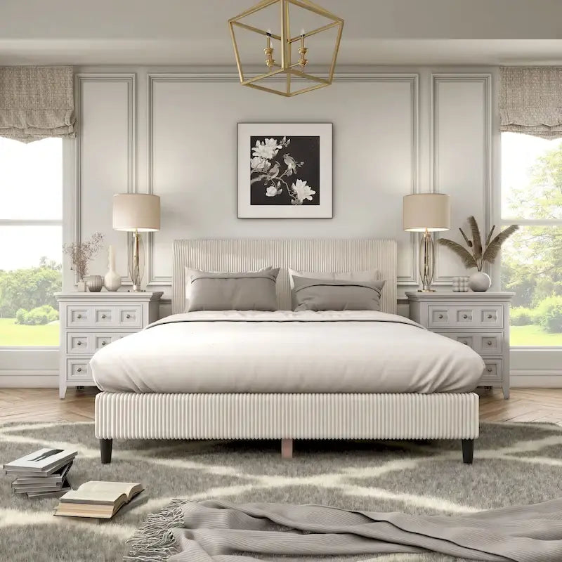 Cama de plataforma moderna tamaño Queen de pana, no necesita somier