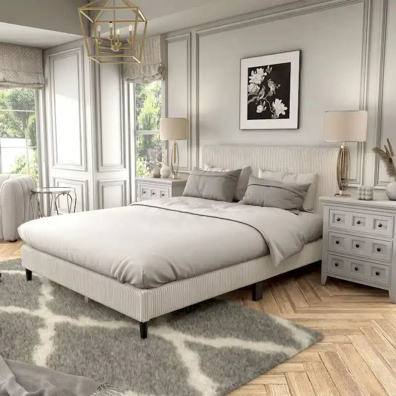 Cama de plataforma moderna tamaño Queen de pana, no necesita somier
