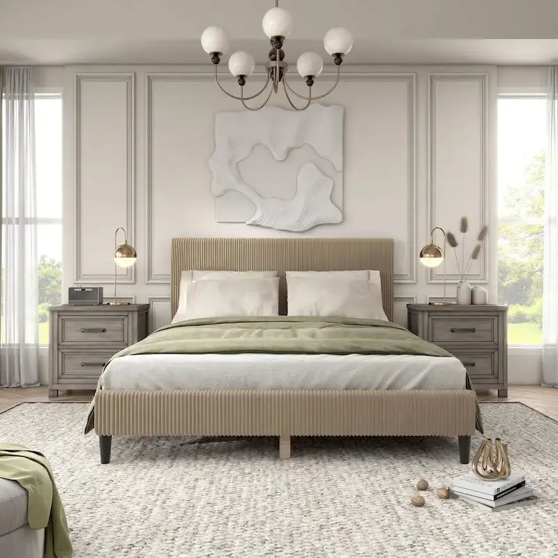 Cama de plataforma moderna tamaño Queen de pana, no necesita somier