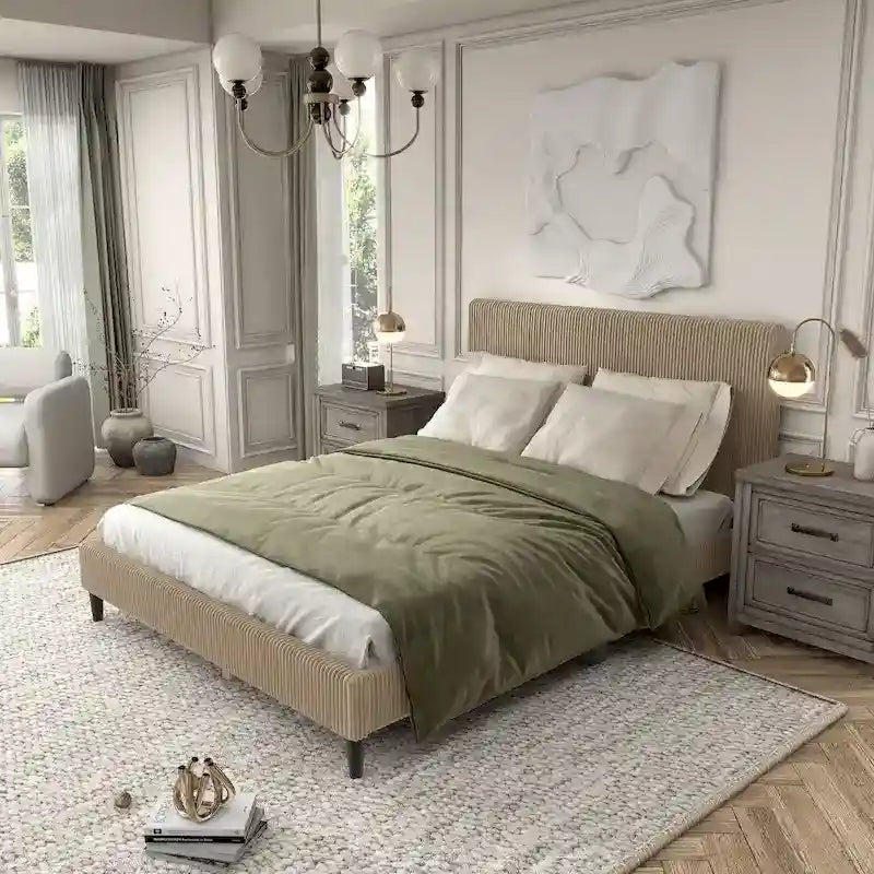 Cama de plataforma moderna tamaño Queen de pana, no necesita somier