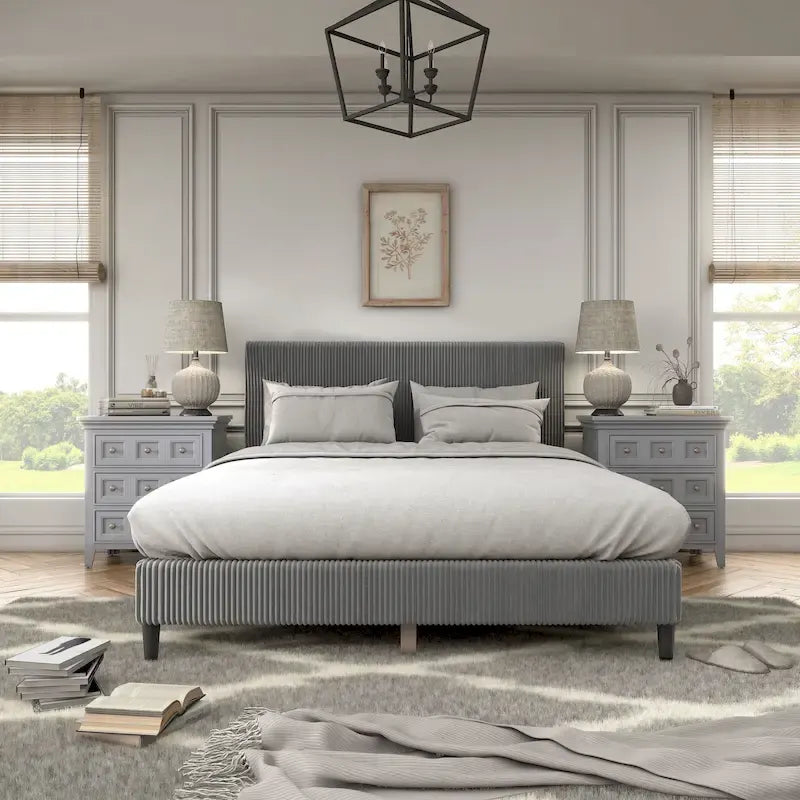 Cama de plataforma moderna tamaño Queen de pana, no necesita somier