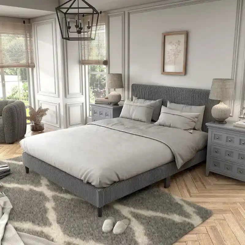 Cama de plataforma moderna tamaño Queen de pana, no necesita somier