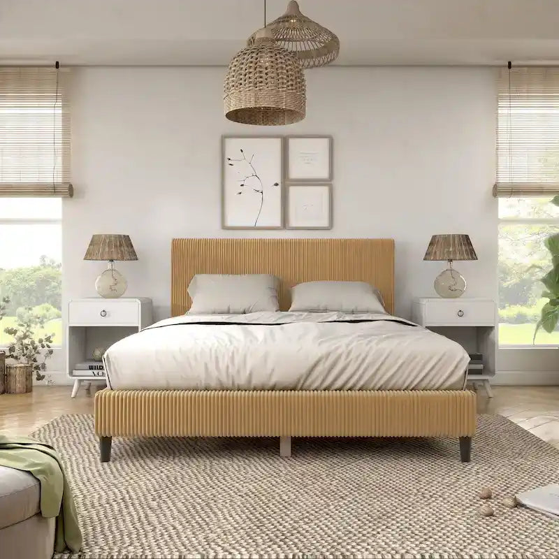 Cama de plataforma moderna tamaño Queen de pana, no necesita somier