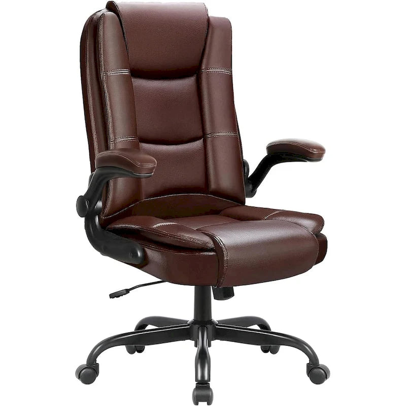 Silla de oficina para personas grandes y altas, ergonómica, de respaldo alto, de cuero, ejecutiva, con brazos acolchados abatibles