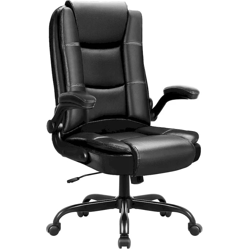 Silla de oficina para personas grandes y altas, ergonómica, de respaldo alto, de cuero, ejecutiva, con brazos acolchados abatibles
