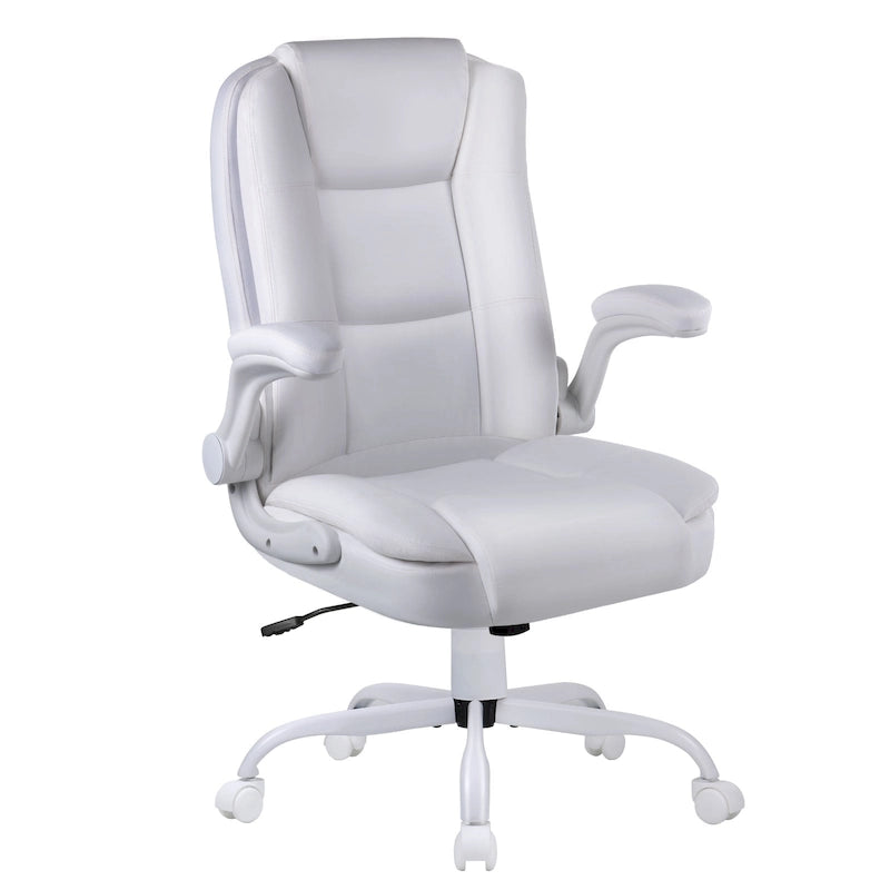 Silla de oficina para personas grandes y altas, ergonómica, de respaldo alto, de cuero, ejecutiva, con brazos acolchados abatibles