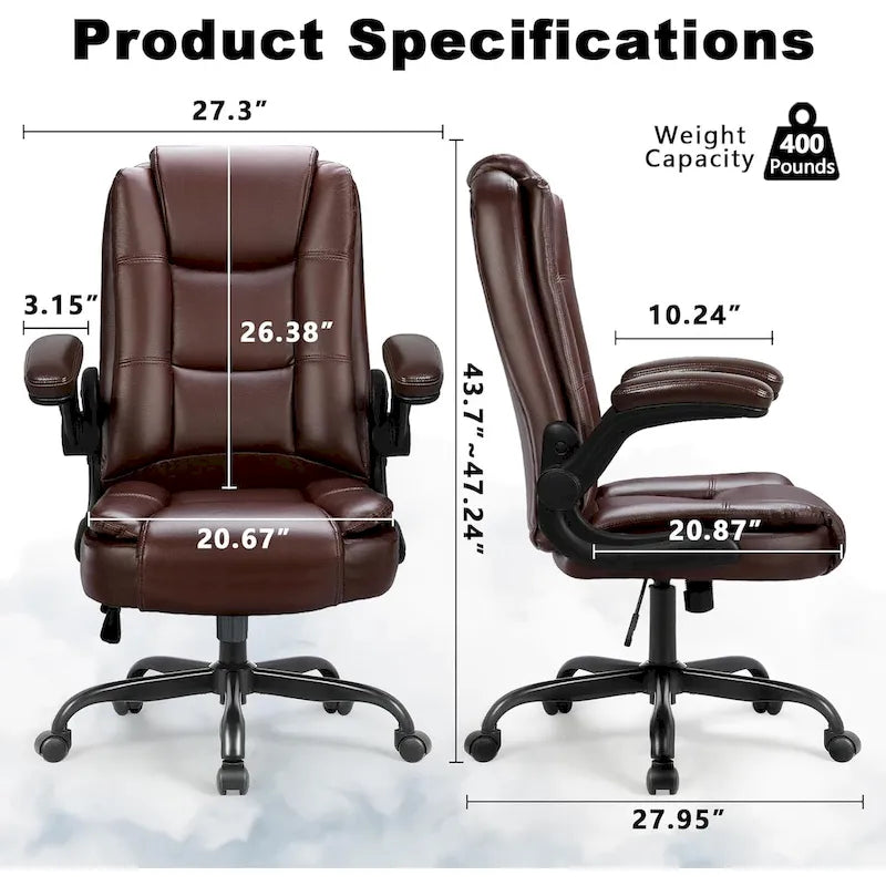 Silla de oficina para personas grandes y altas, ergonómica, de respaldo alto, de cuero, ejecutiva, con brazos acolchados abatibles