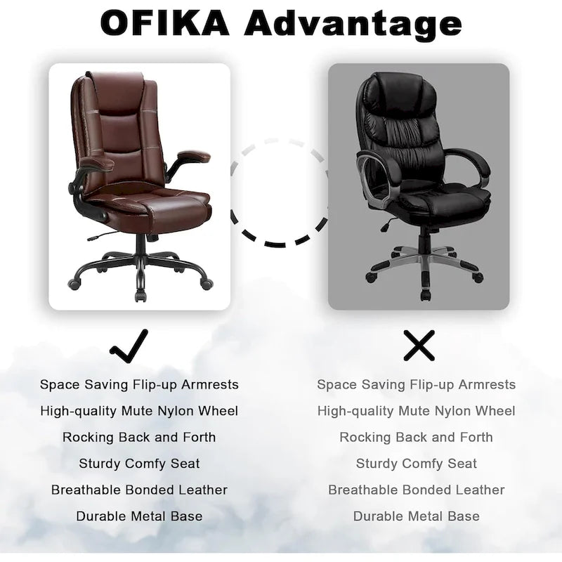 Silla de oficina para personas grandes y altas, ergonómica, de respaldo alto, de cuero, ejecutiva, con brazos acolchados abatibles