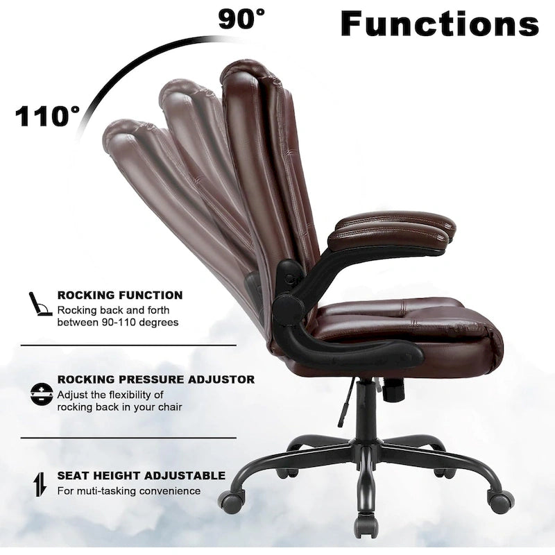 Silla de oficina para personas grandes y altas, ergonómica, de respaldo alto, de cuero, ejecutiva, con brazos acolchados abatibles