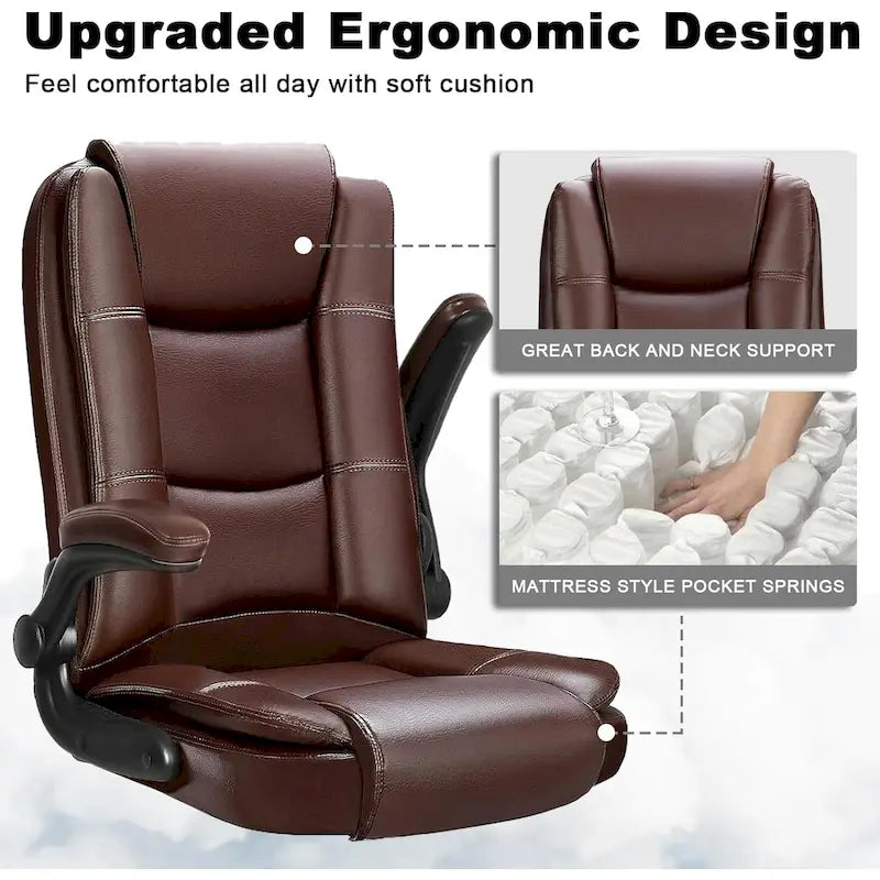 Silla de oficina para personas grandes y altas, ergonómica, de respaldo alto, de cuero, ejecutiva, con brazos acolchados abatibles