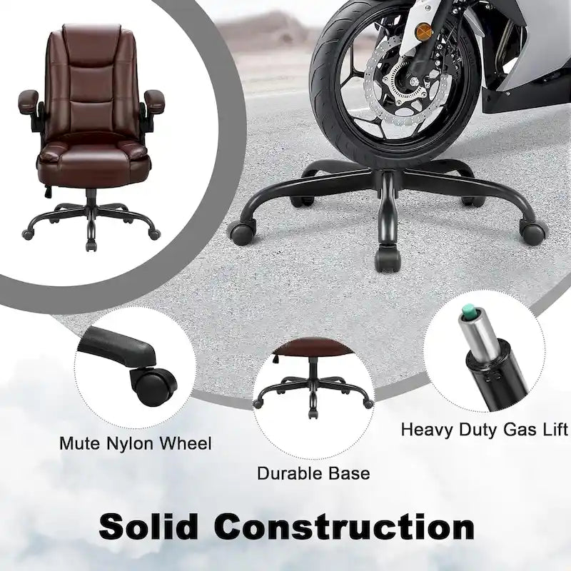 Silla de oficina para personas grandes y altas, ergonómica, de respaldo alto, de cuero, ejecutiva, con brazos acolchados abatibles