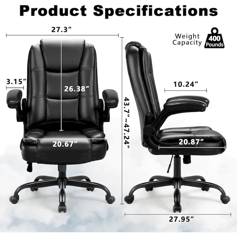 Silla de oficina para personas grandes y altas, ergonómica, de respaldo alto, de cuero, ejecutiva, con brazos acolchados abatibles