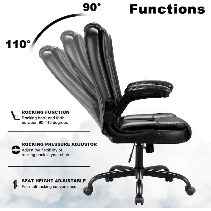 Silla de oficina para personas grandes y altas, ergonómica, de respaldo alto, de cuero, ejecutiva, con brazos acolchados abatibles