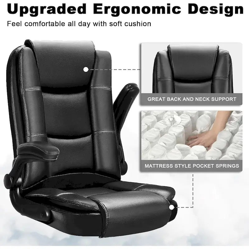 Silla de oficina para personas grandes y altas, ergonómica, de respaldo alto, de cuero, ejecutiva, con brazos acolchados abatibles