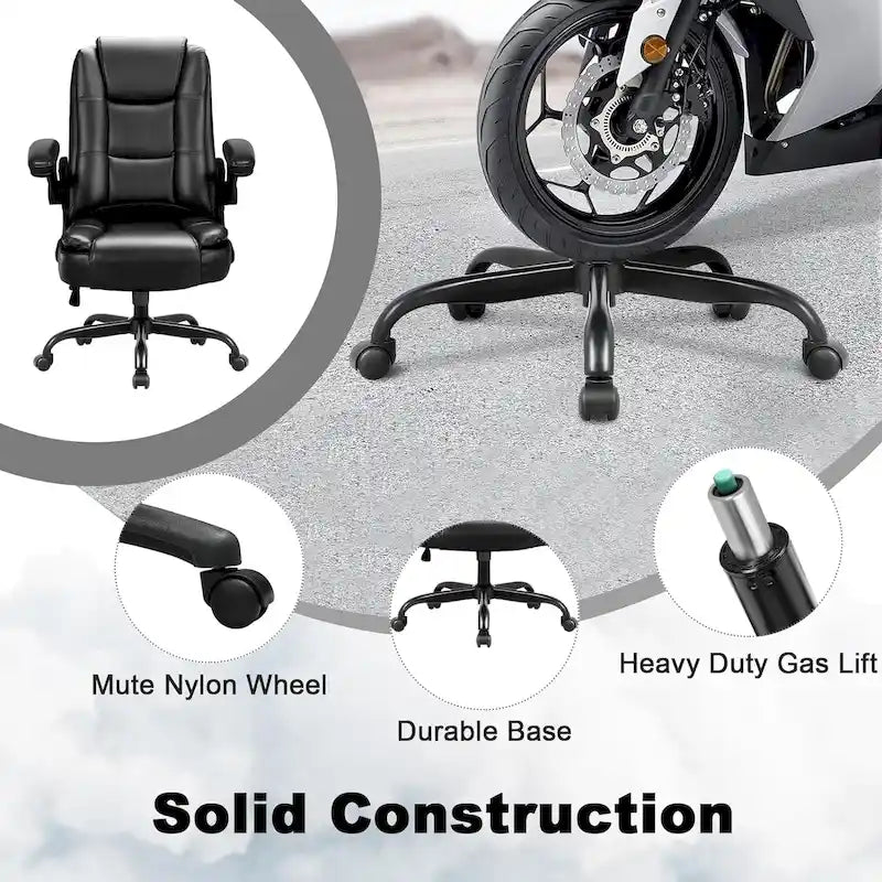 Silla de oficina para personas grandes y altas, ergonómica, de respaldo alto, de cuero, ejecutiva, con brazos acolchados abatibles