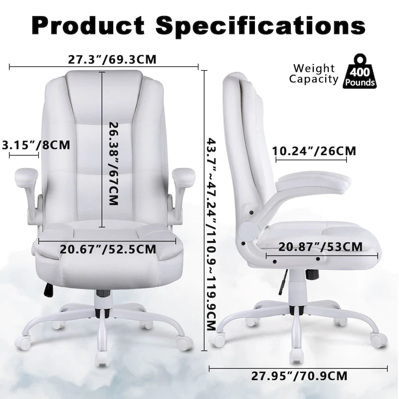 Silla de oficina para personas grandes y altas, ergonómica, de respaldo alto, de cuero, ejecutiva, con brazos acolchados abatibles