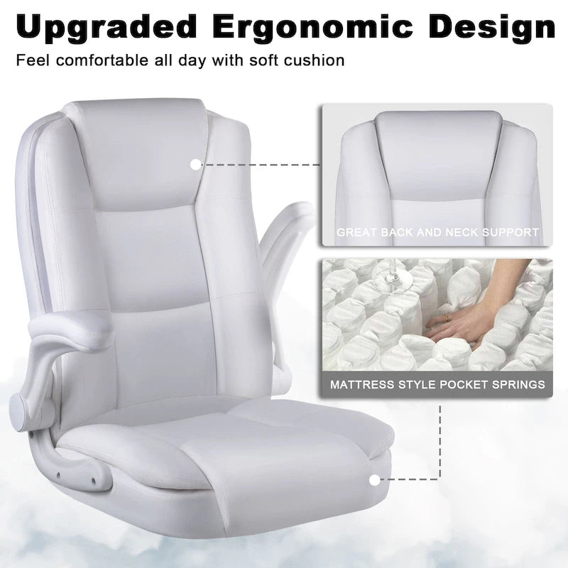 Silla de oficina para personas grandes y altas, ergonómica, de respaldo alto, de cuero, ejecutiva, con brazos acolchados abatibles