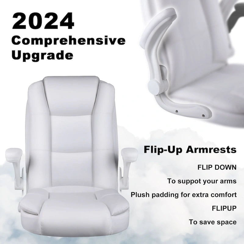 Silla de oficina para personas grandes y altas, ergonómica, de respaldo alto, de cuero, ejecutiva, con brazos acolchados abatibles