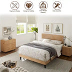 Cama de Plataforma de Madera Sólida de Mediados de Siglo, Base de Cama con Cabecero de Altura Ajustable, No Requiere Somier