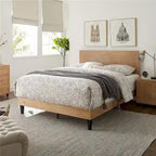 Cama de Plataforma de Madera Sólida de Mediados de Siglo, Base de Cama con Cabecero de Altura Ajustable, No Requiere Somier